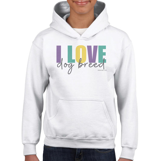 Personalised Colourful I Love Dog Breed - Kids Hoodie