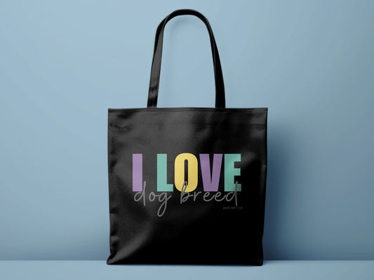 Personalised Colourful I Love Dog Breed - Tote Bag