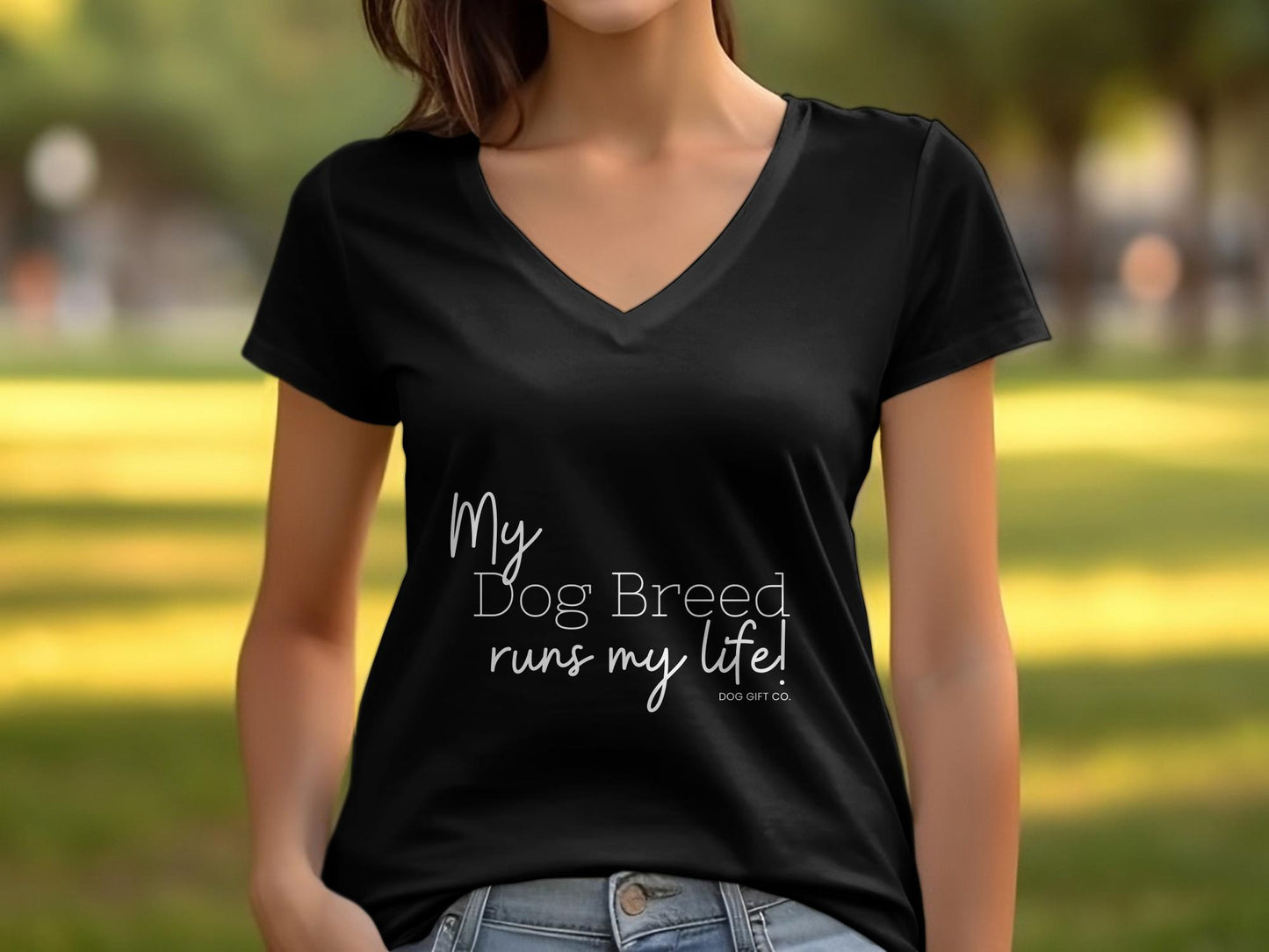 Personalised My Dog Breed Runs My Life - Womens V-Neck T-shirt