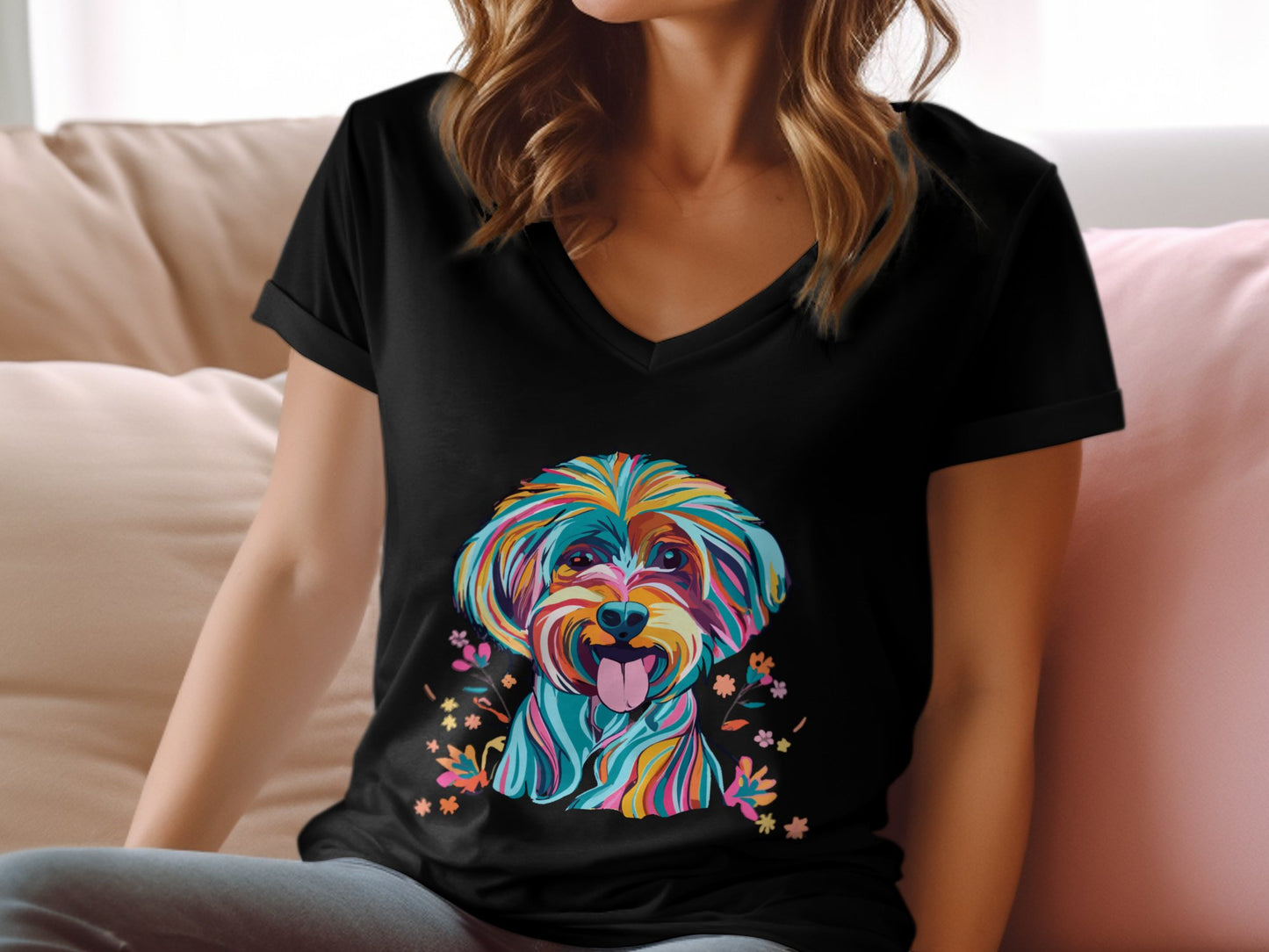 Personalised Vibrant Cavapoo or Cavoodle - Womens V-Neck T-shirt