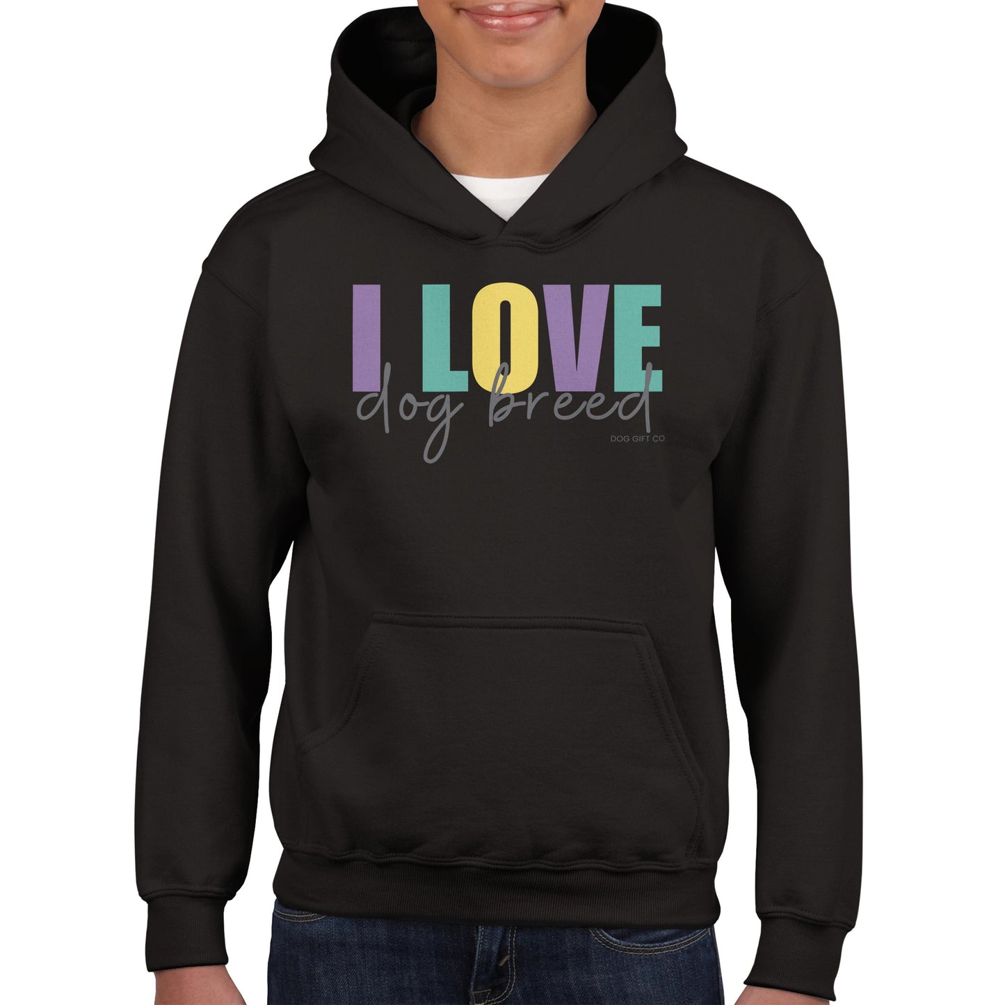 Personalised Colourful I Love Dog Breed - Kids Hoodie