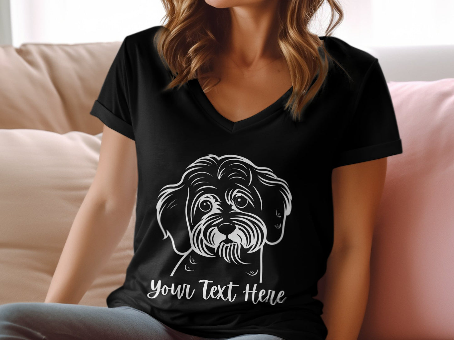 Personalised Cavoodle_Cavapoo Line Drawing - Womens V-Neck T-shirt