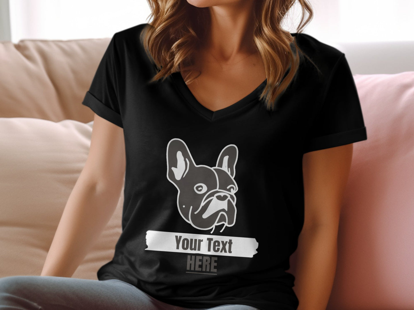 Personalised French Bulldog Line Drawing - Womens V-Neck T-shirt