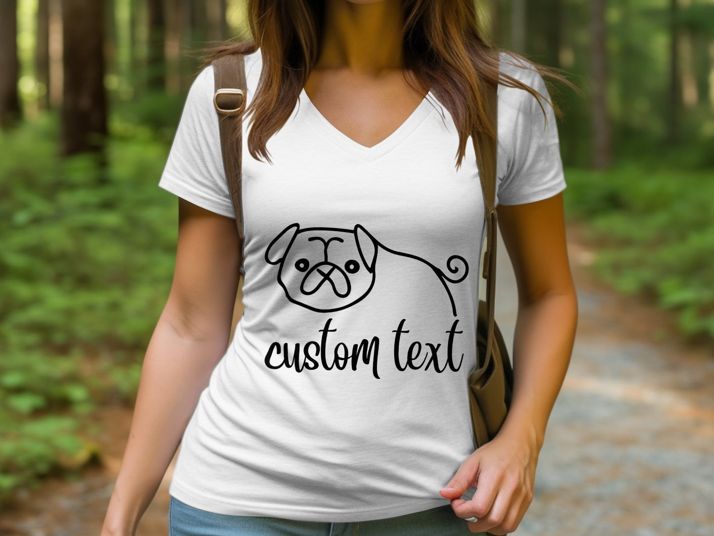 Personalised Pug Line Drawing - Womens V-Neck T-shirt