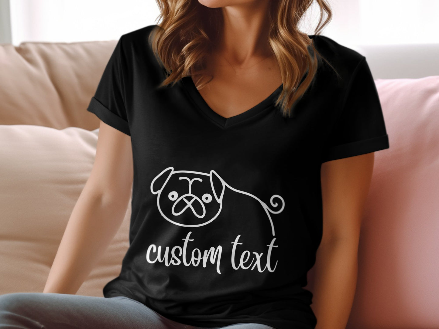 Personalised Pug Line Drawing - Womens V-Neck T-shirt