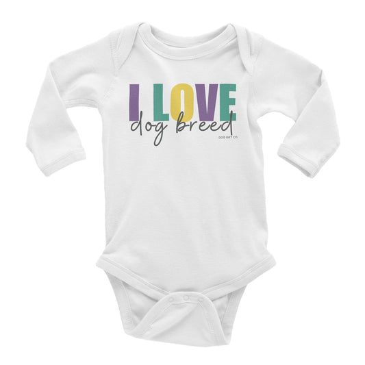 Personalised Colourful I Love Dog Breed - Baby Longsleeve Bodysuit